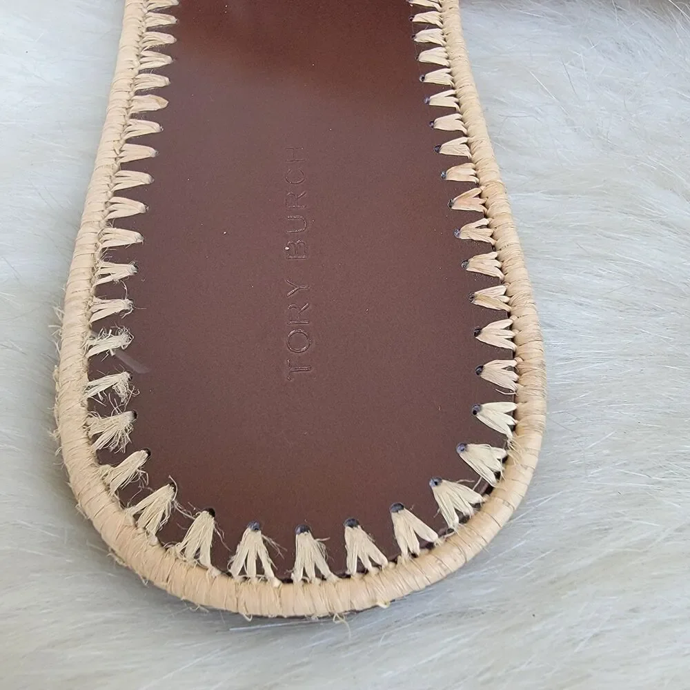 Tory Burch Eleanor Raffia Woven Beige Fringe Slide Sandal Sz 9 Beachy Coastal